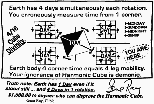 Earth has 4 days simultaneously each rotation. You erroneously measure time from 1 corner. Earth body 4 corner time equals 4 leg mobility. Your ignorance of Harmonic Cube is demonic.