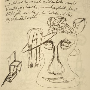 Crude doodle of a face with open brain.