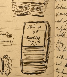 Doodle of a book with the title 'How to be concise - Vol. 1'; the book is comically big.