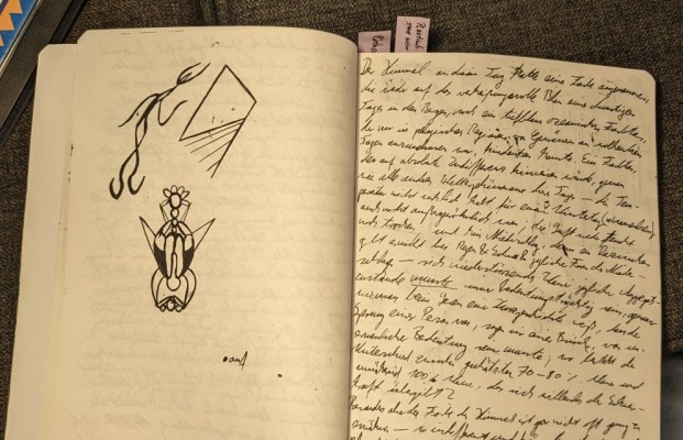 Doodle of a devilish entity entering a door.