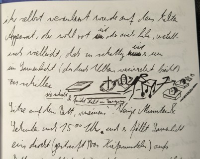 Doodle of an old stick figure in a gravehard; cursive text.