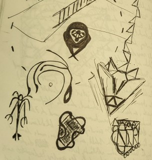 Doodle of surprised stick figures and a f-111 nighthawk like geometry