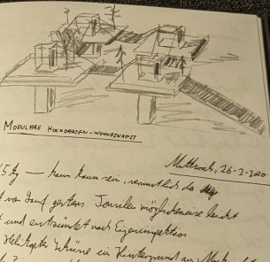 Pencil doodle of modular tree-house like structures