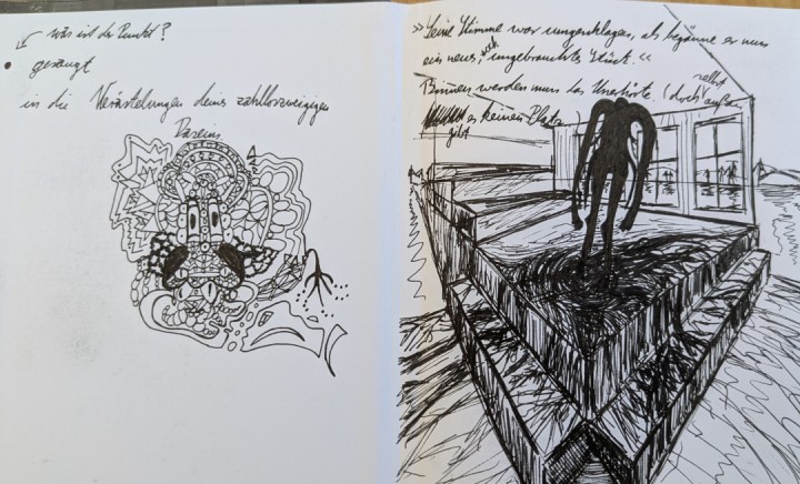 Doodle of a shadow. Some text. A strange line drawing.