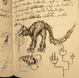 Doodle of an animal and a tree. Some handwritten text.