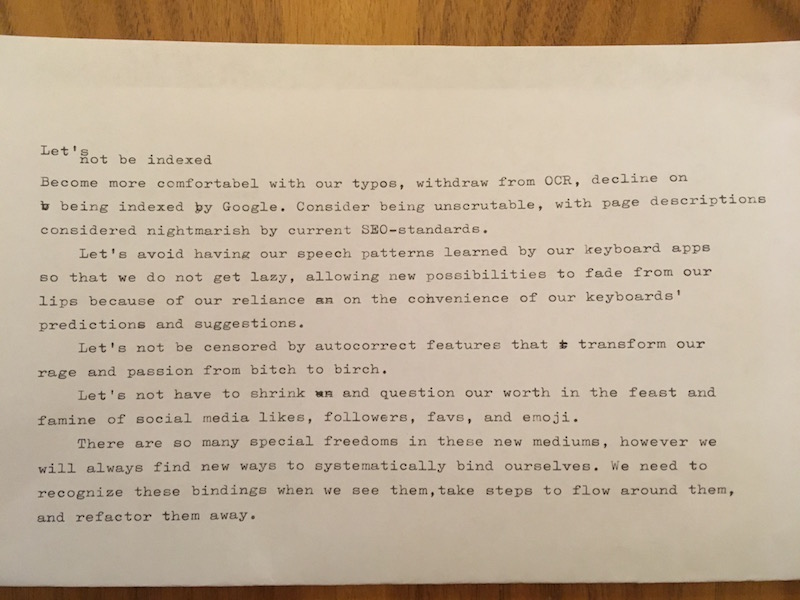 "Let's not be indexed" typewritten on paper