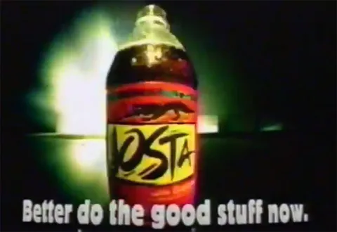 still frame from Josta commercial with a bottle of Josta with the slogan 'Do the good stuff now'