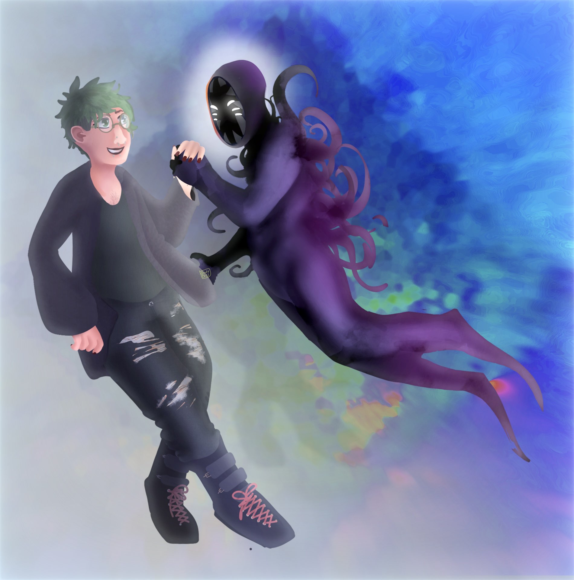 An eldritch humanoid holding hands with a green-haired human.