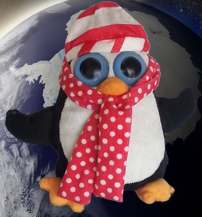 A Scarfed Stuffed Happy (Toy) Penguin Orbits Antarctica