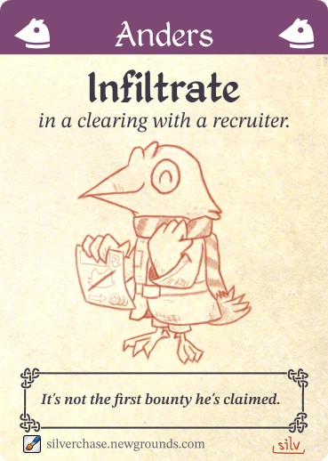 A crow cheerfully holds up a wanted poster and points behind him. Title: “Anders; Infiltrate in a clearing with a recruiter.” Caption: “It’s not the first bounty he’s claimed.” Art by Silverchase.