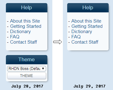 A screenshot of two versions of the sidebar, showing the theme option existing on July 28th, but removed on July 29th.
