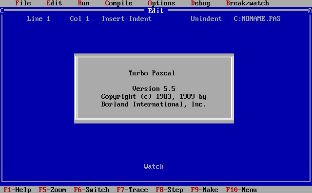 The Turbo Pascal copyright notice visible on startup.