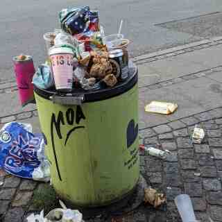 picture of a copenhagen overflowing trash can; coffee cup sticking out which says 'love is love'