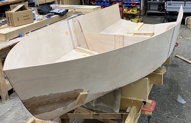 Photo of the roughly stitched boat shape