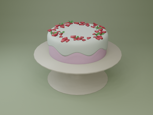 a pink cake with white frosting and strawberry chunks on top