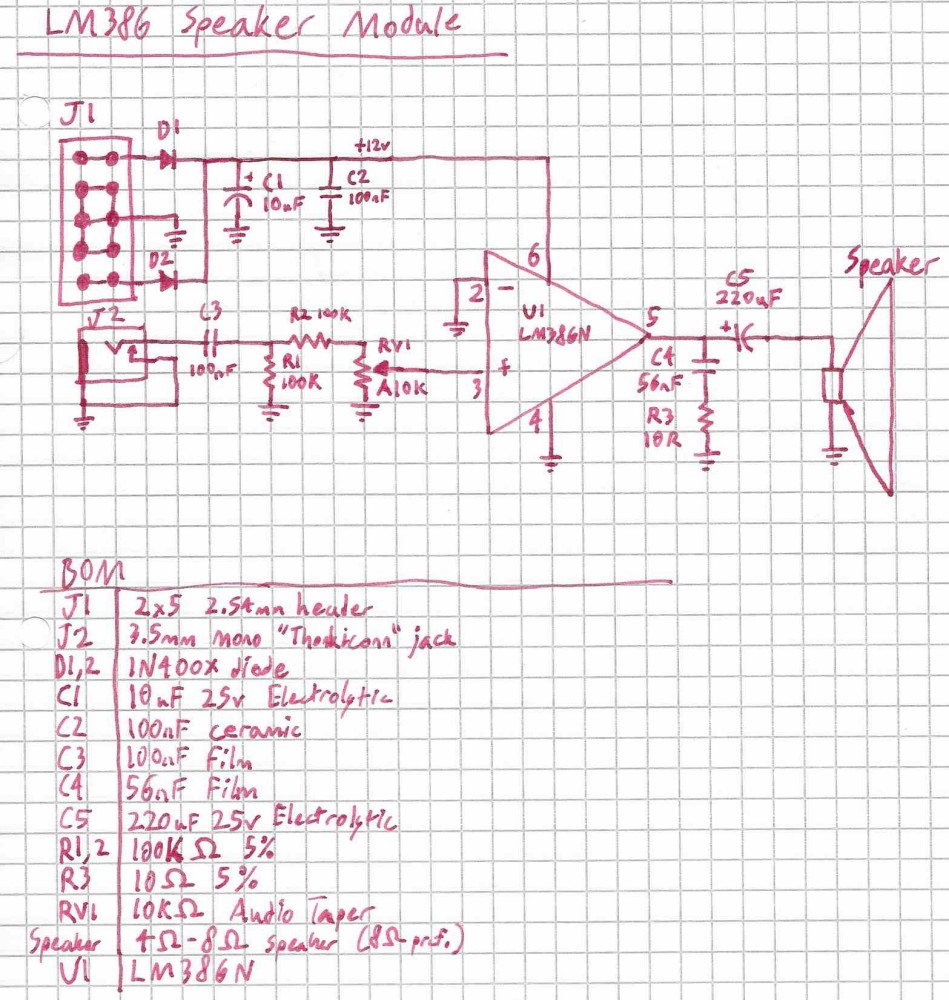 A scan of my schematic. It's a little hard to describe, but it's titled "LM386 Speaker Module", the center of the page contains a simple schematic, and below lies a bill of materials