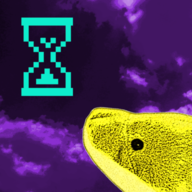 On a dithered background depicting purple-tinted clouds, a yellow dolphin mottled with black spots so as to resemble an overripe banana ponders a teal 'busy' hourglass icon.