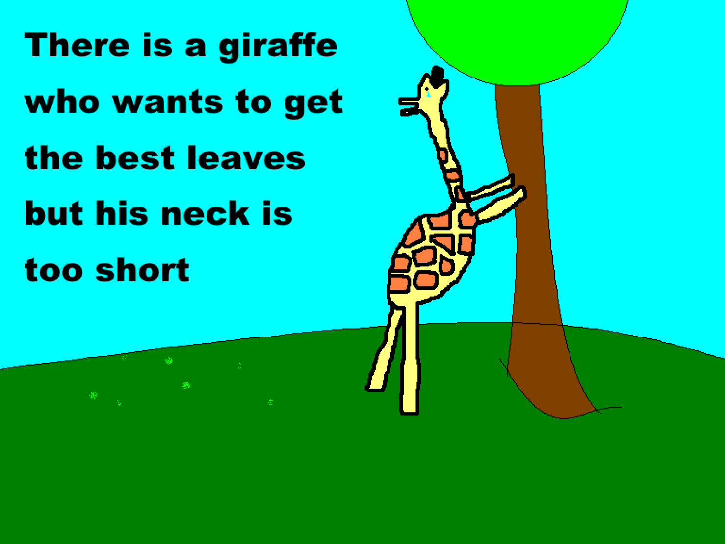 There is a giraffe who wants to get the best leaves but its neck is too short