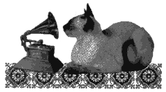 Grayscale illustration of a cat sitting in front of a grammophone. From Wendy Carlos' Switched-On Boxed Set booklet.