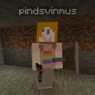 minecraft character with crooked smile, wearing a rainbow shirt and axe and shield
