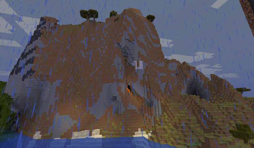 hill in rain with waterfall and lava. temporary hiding spot.