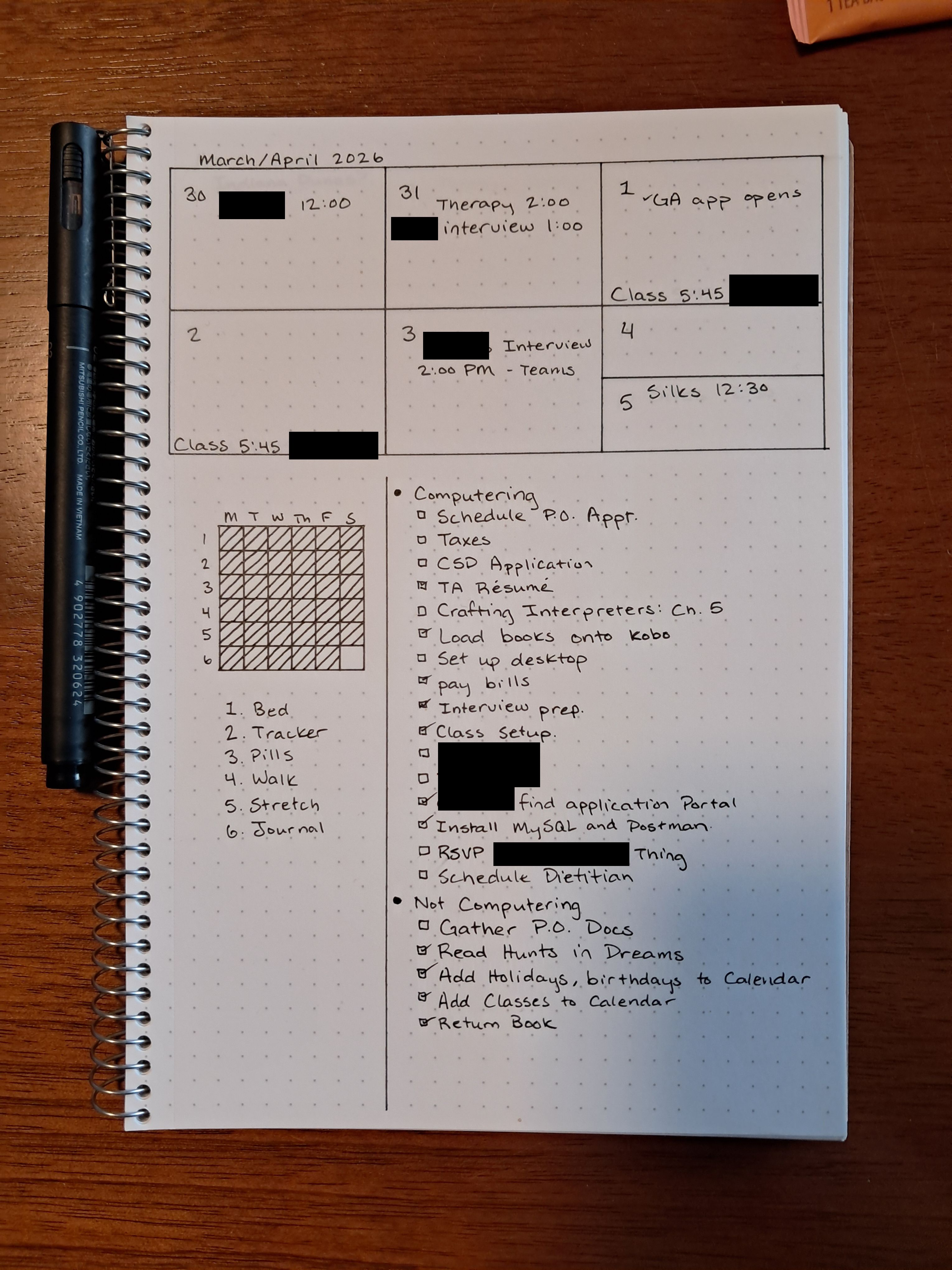 a hand-drawn weekly calendar in a bullet journal