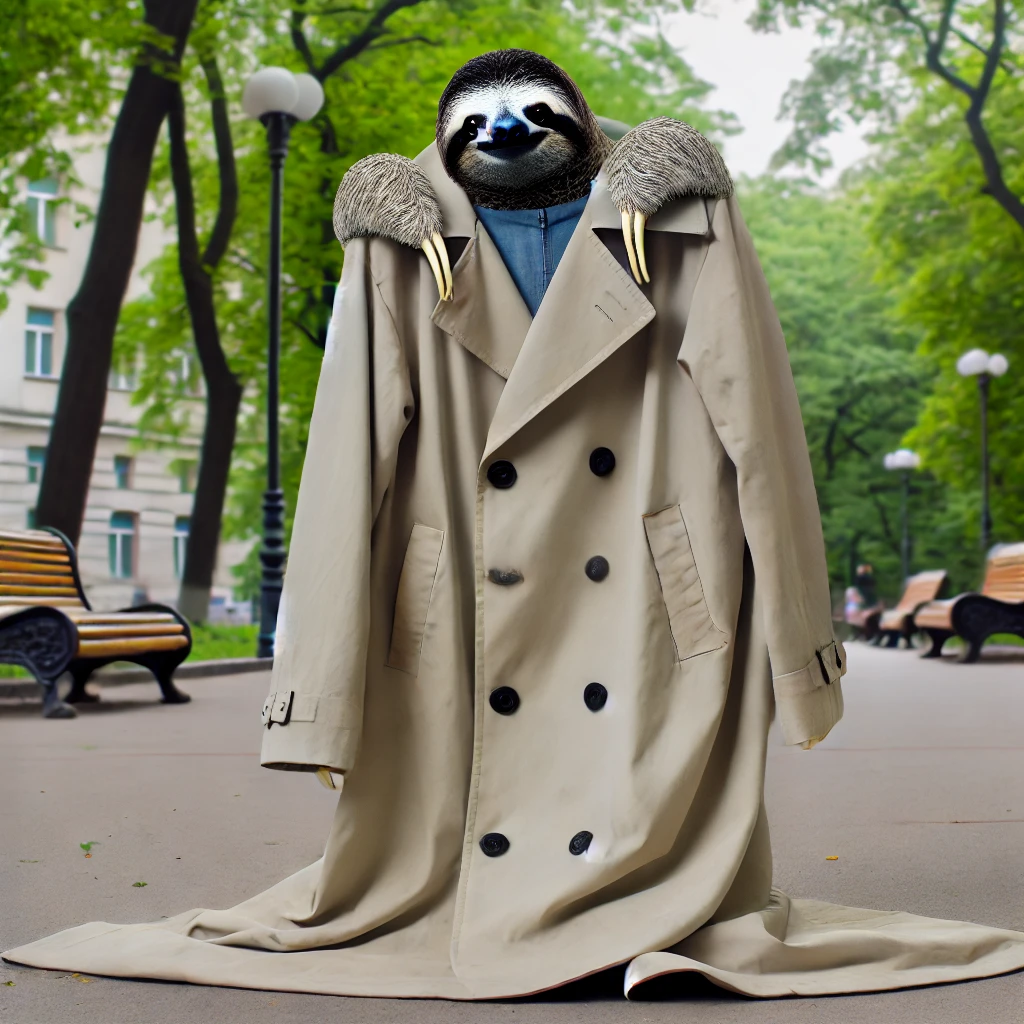 three sloths in a trench coat
