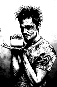a drawing of Tyler Durden holding soap in black and white