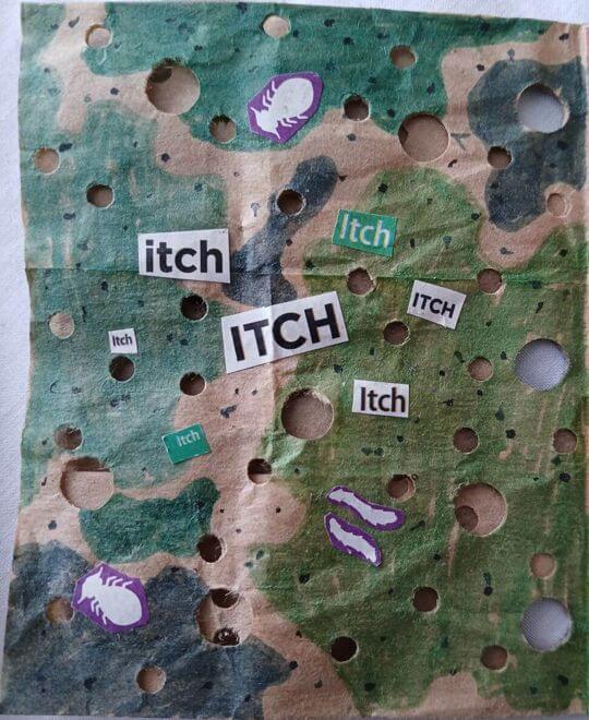 piece of paper with many holes punched out of it and sploches of sickly green color throughout the page, along with the word 'itch' in the center.