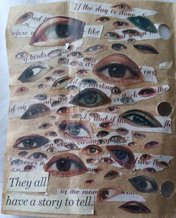 paper covered in cutouts of eyes. in the lower left corner it says 'they all have a story to tell'.