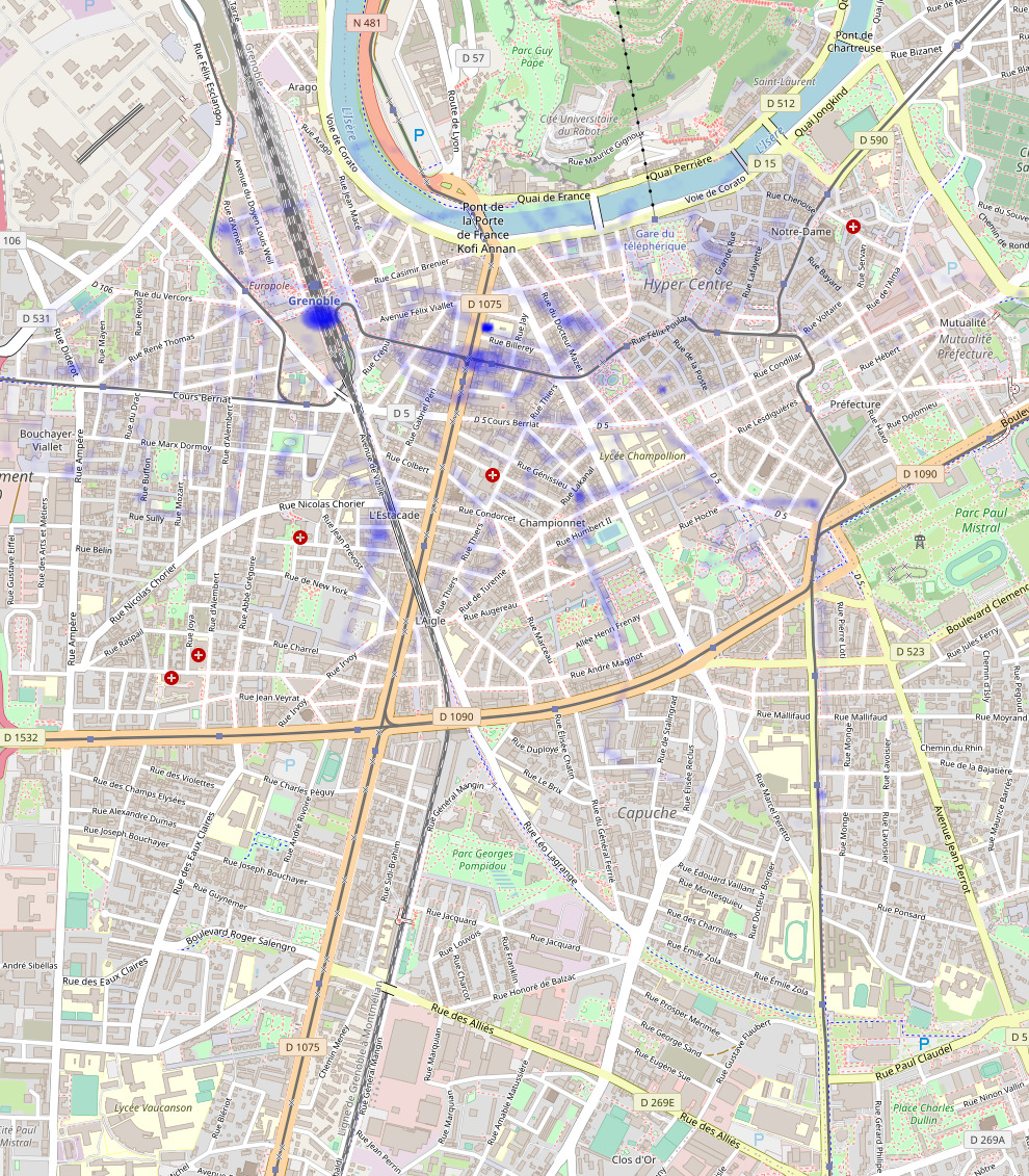 La densité de réseaux Wi-Fi superposée à la carte OpenStreetMap, mais toutes les rues sont encore décalées