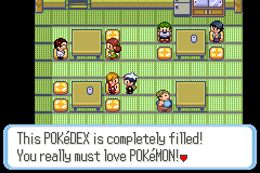 Screenshot: talking to the game designer, who says, "This POKéDEX is completely filled! You must really love POKéMON."