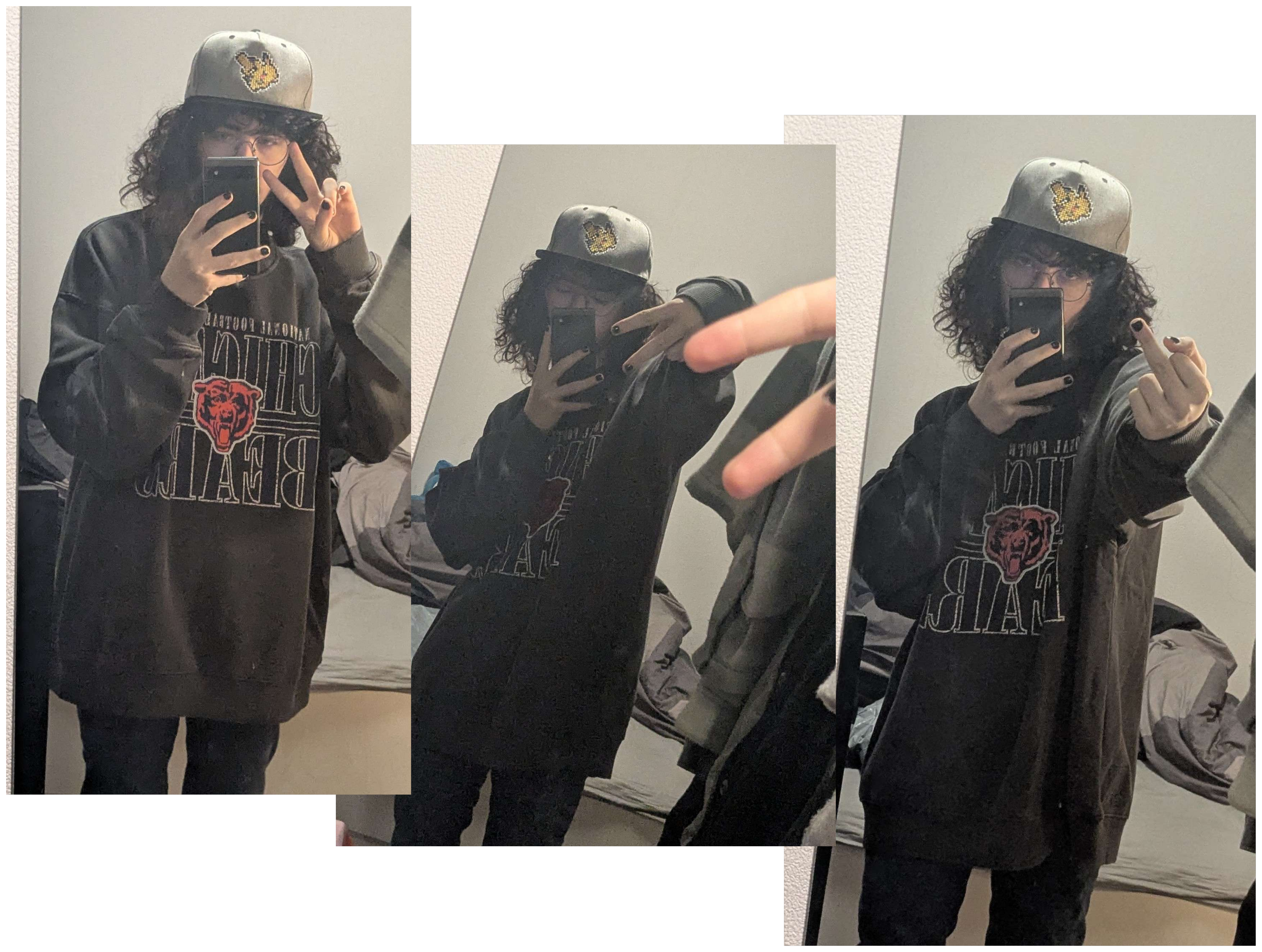a collage of me doing various poses to camera with an oversized Chicago Bears sweater