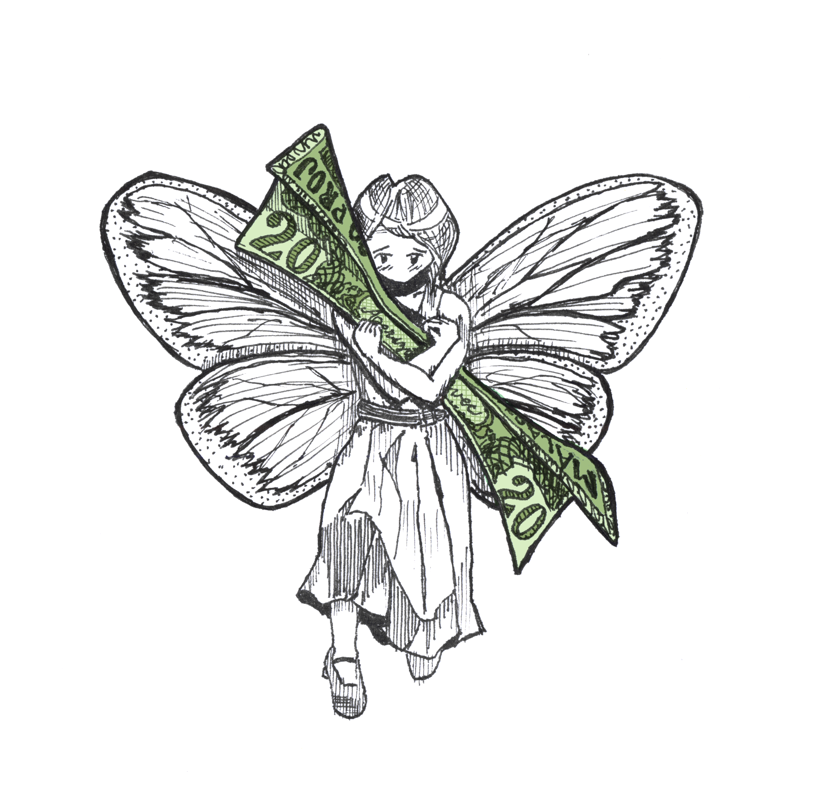 A picture of a faerie holding a 20 Proj banknote