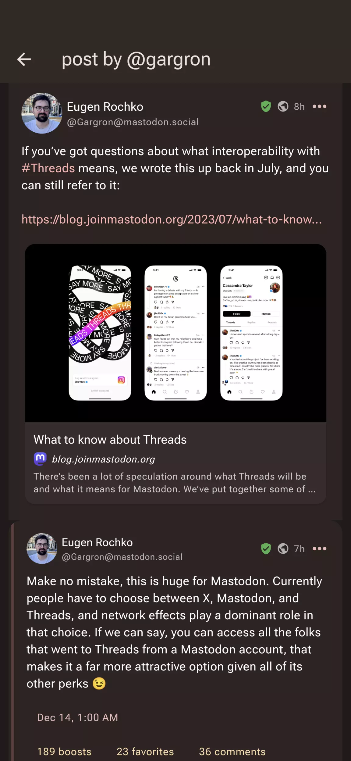 Eugen Rochko: <q>if you've got questions about what
interoperability with Threads means, we wrote this up back in July,
and you can still refer to it. Make no mistake, this is huge for
Mastodon. Currently people have to choose between X, Mastodon, and
Threads, and network effects play a dominant role in that choice. IF
we can say, you can access all the folks that went to Threads from a
Mastodon account, that makes it a far more attractive option given all
of its other perks :winking_face: