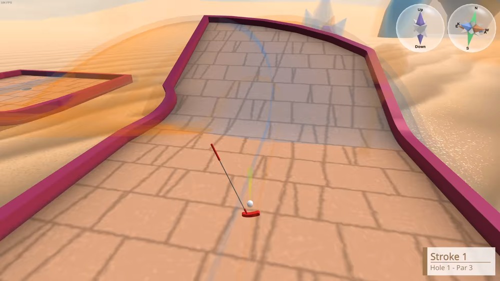 Aiming up a four-dimensional sloped curve in a desert-themed hole