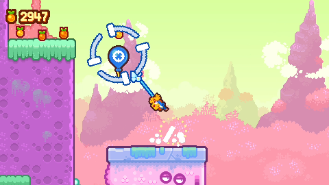 In this example, Pablo jumps up and throws his grappling hook to reach for a balloon.