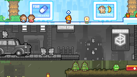 The futuristic monkey world is bright and filled with monkey-themed digital billboards, in front of a backdrop of skyscrapers. The noir cat world is gloomy with its black-and-white graphics and old-fashioned decor. The frog dictatorship has military camps out in the rain, guarded by armoured frogs.