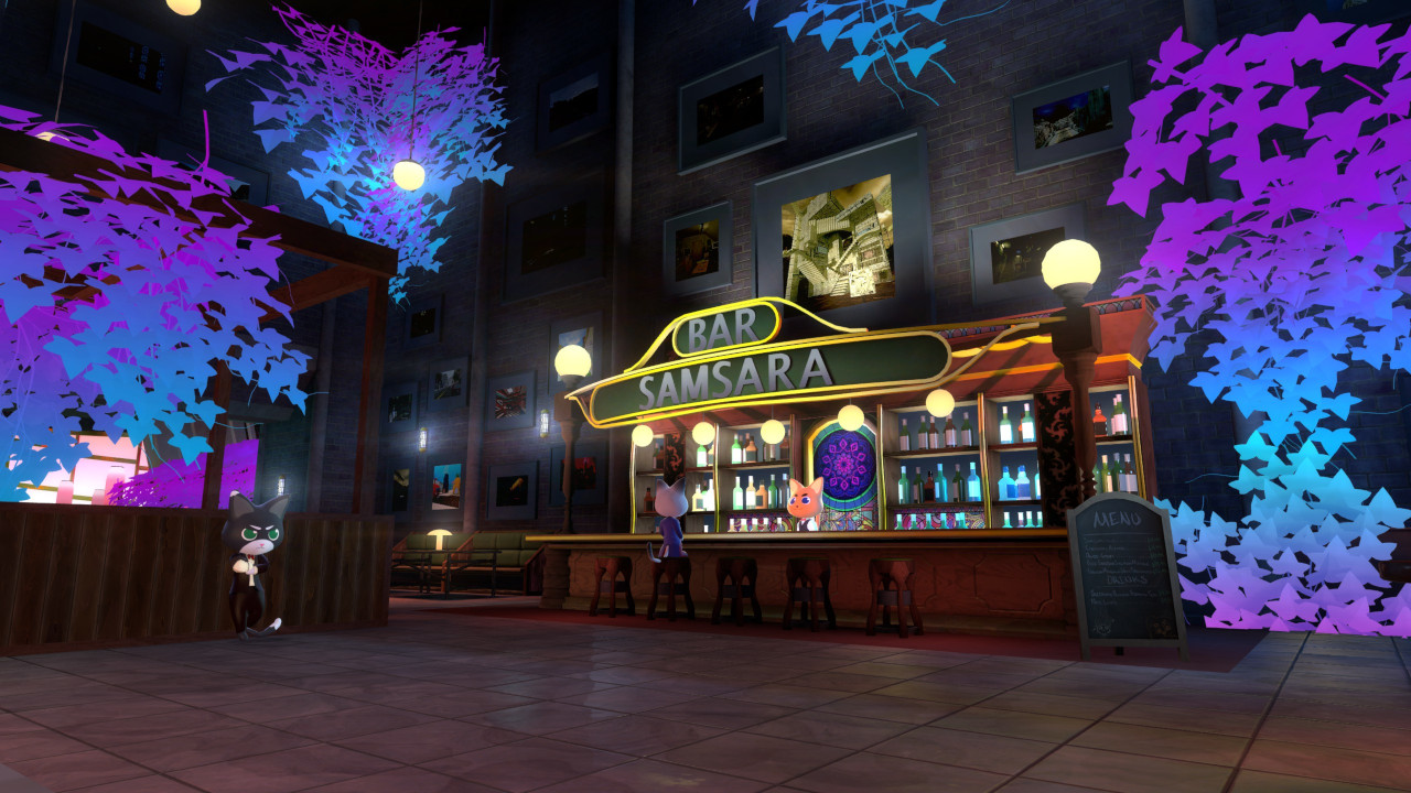 The cats hang out at the Bar Samsara, an upscale art deco-style bar. The walls are covered with otherworldly vines and framed photos of various maps.