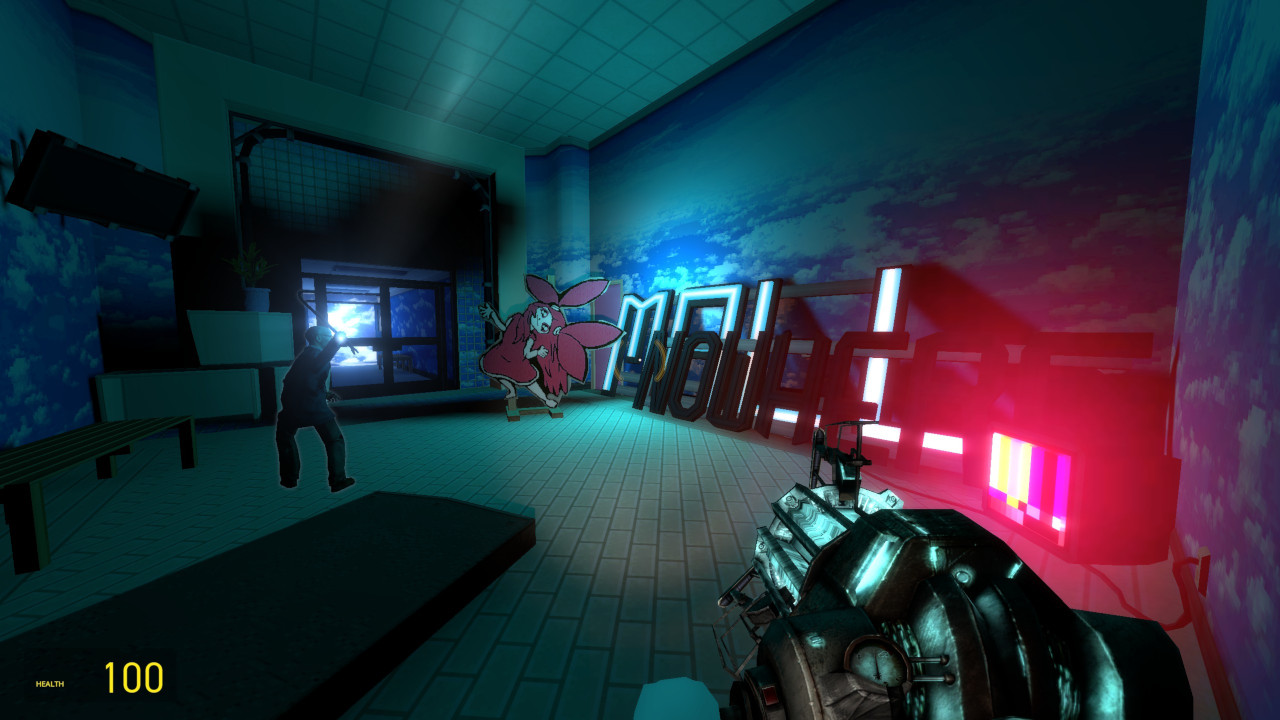 Inside a storage room with a sky-and-clouds wallpaper. A TV and a dismantled “Nowhere Mall” neon sign unevenly light the room.