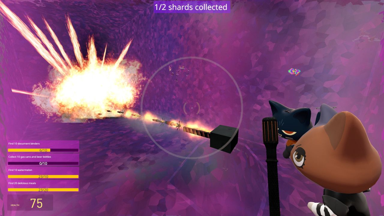 A blocky turret fires a stream of rockets down the corridor