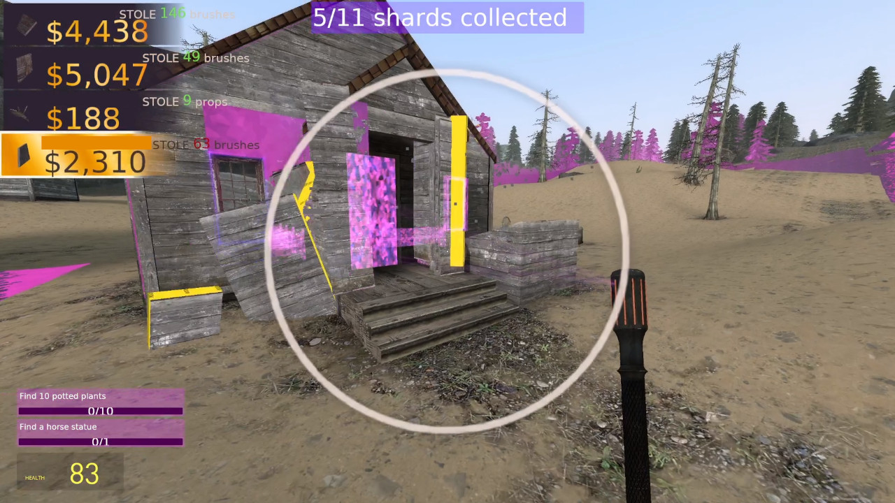 Using the prop snatcher to rip the walls off a house. Parts of the house and background are marked pink.