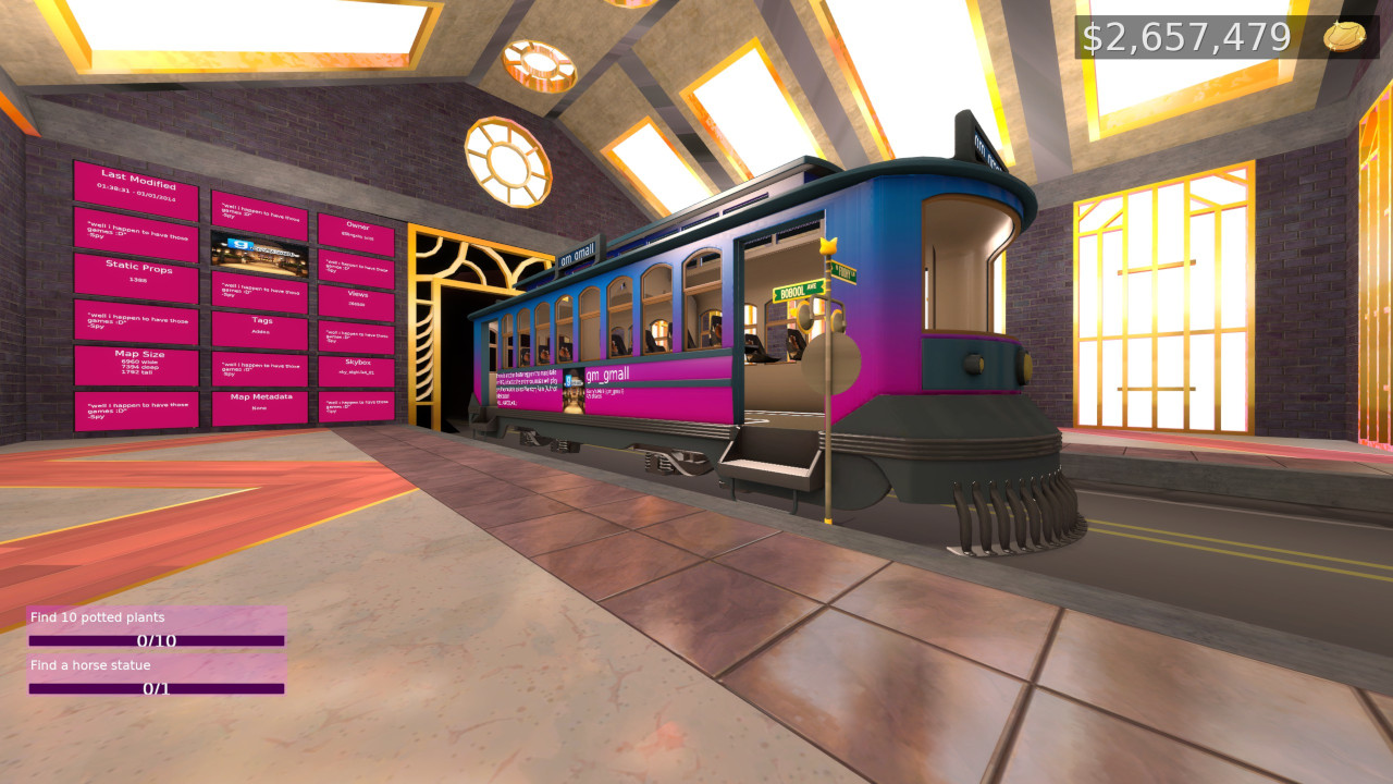 A streetcar trolley emerges from a tunnel. Screens next to the tunnel show stats about the destination.