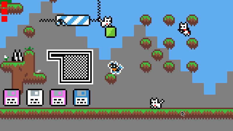 screenshot showing a test area with a few enemies, a fuckton of save disks, a platform, and plenty of floating terrain