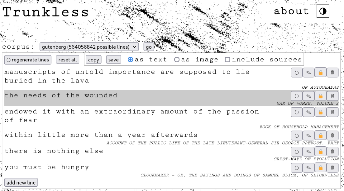 a screenshot of Trunkless showing a cut-up poem