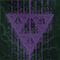 A purple fractal triangle on a dark green cloudy background